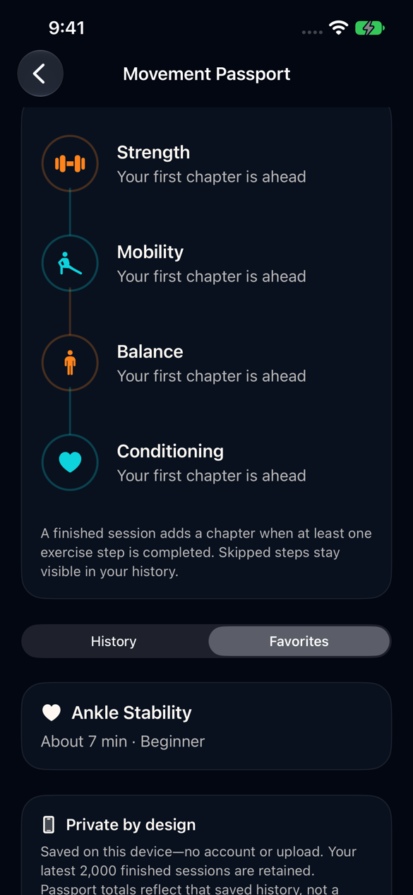 FitUp 1.2 Favorites collection with a saved Ankle Stability workout